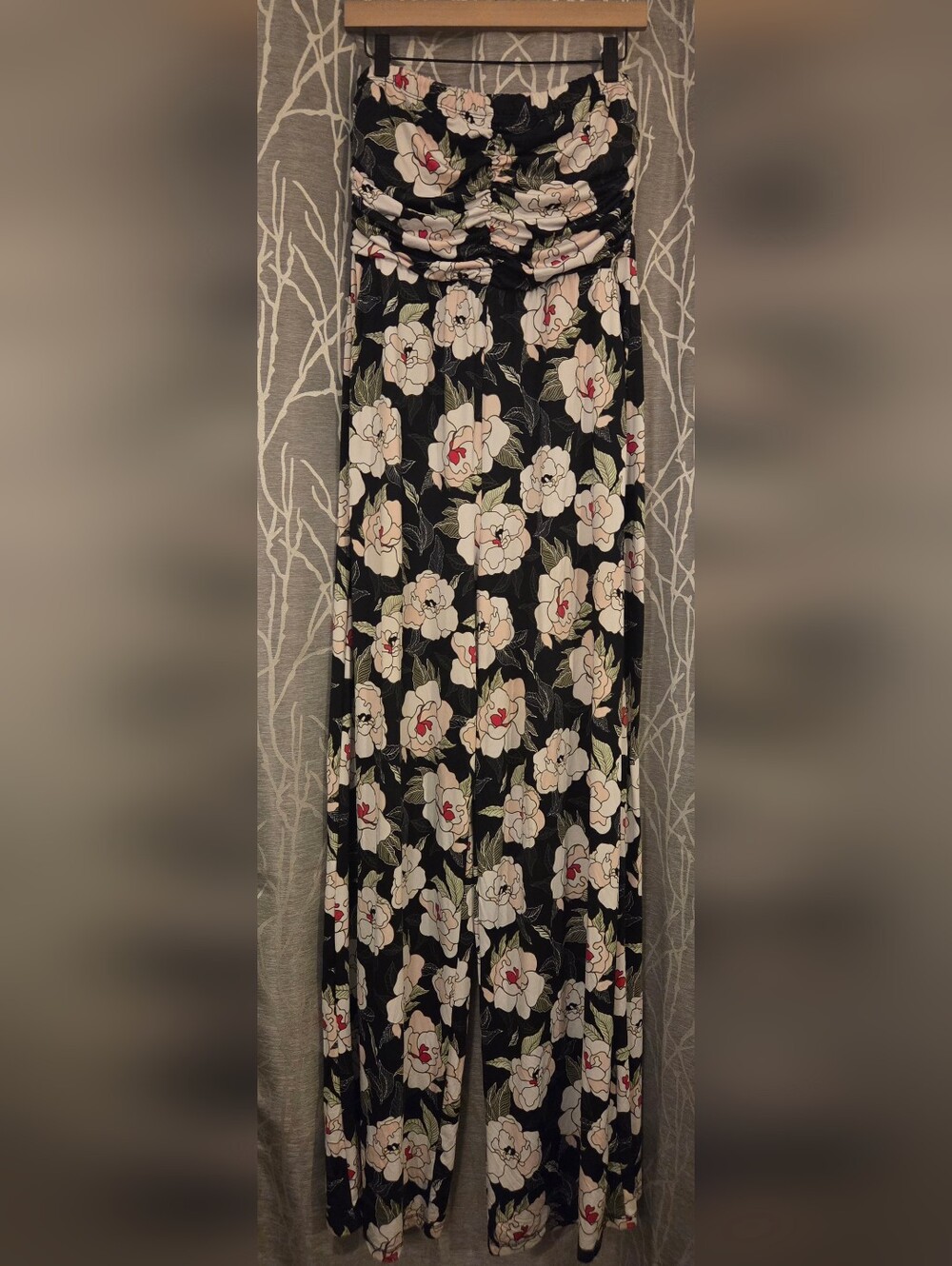 Floral Black Strapless Wideleg  Jumpsuit with Cream Pink Blossoms. Size L